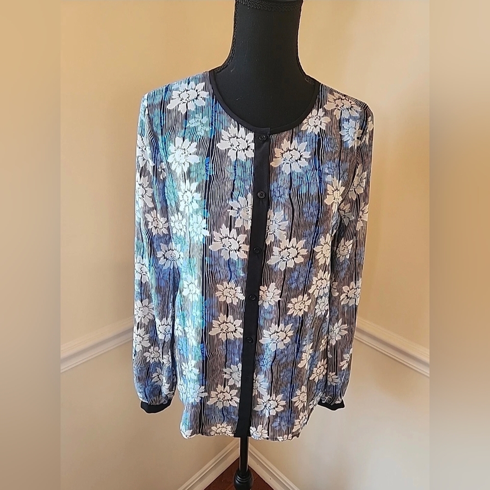 Karl Lagerfeld Paris Shirt Blues Black White Floral Button Dn Long Slv S/CH/P